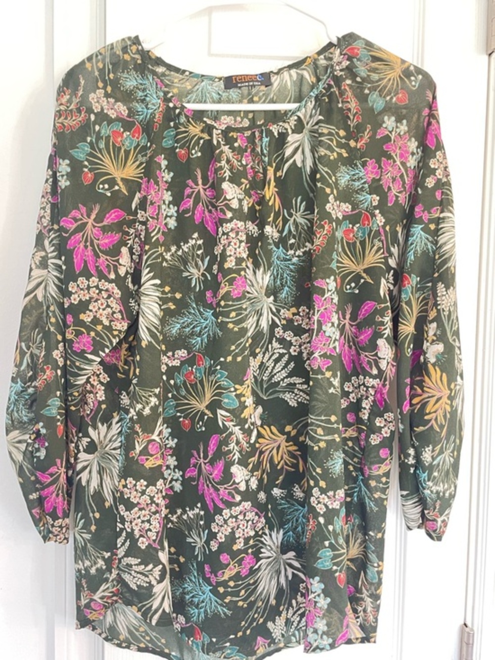 renee C. Olive Floral  semi sheer Long-Sleeve Blouse size 2x
